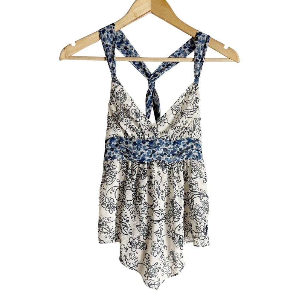 Abercrombie Y2K White Blue Floral Print Twist Back Babydoll Boho Tank Top XS